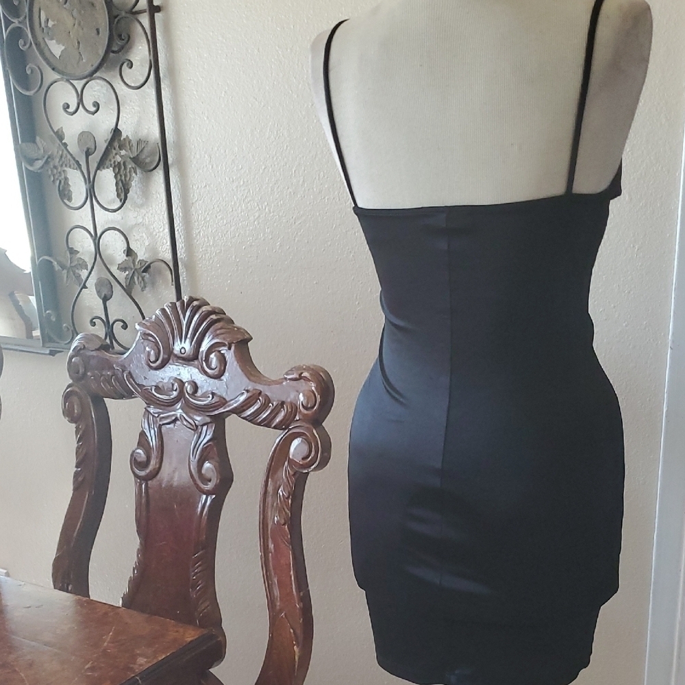 Black Ribbed Bodycon Mini Dress with Spaghetti Straps - Picture 2 of 7
